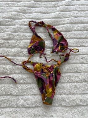 Bamba swim size S brush stroke Colorblock Tie-String Bikini with Ring Detail